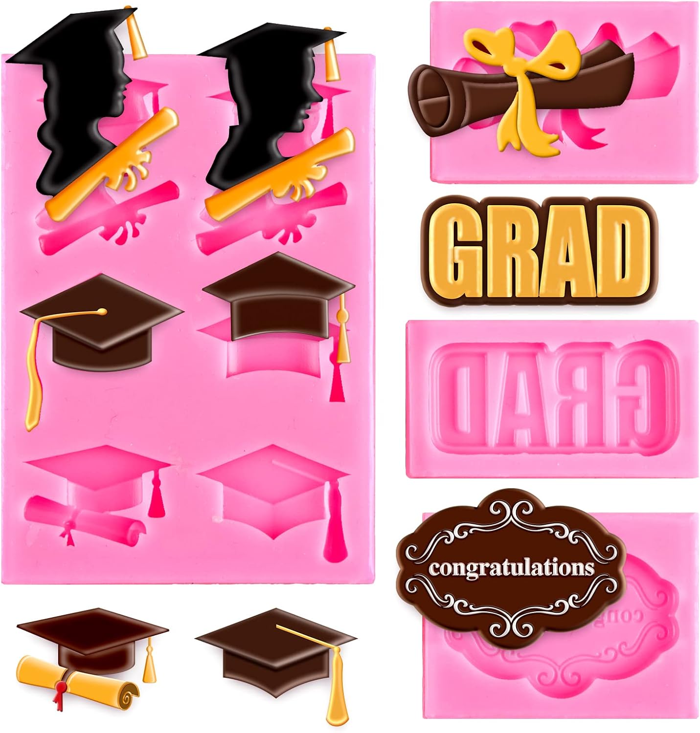 Whaline Graduation Mini Fondant Molds - 4 Pack Silicone Caps & Diplomas for Cake Decorations