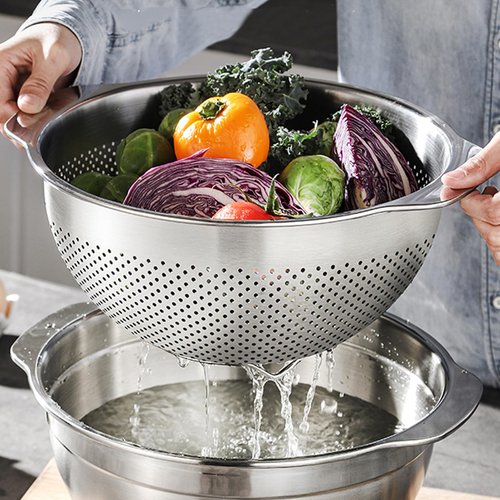 3 Pcs Stainless Steel Colander Strainer Set Metal Colander for Kitchen Pasta Strainer for Rice Food Fruits Spaghetti Vegetables (2QT, 3QT, 5QT)