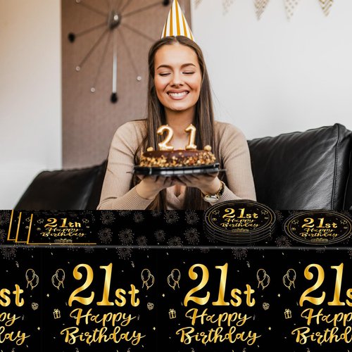 41Pcs Black and Gold 21st Birthday Decorations Disposable Tableware Set: Plates, Napkins, and Tablecloth 21st Birthday Party Supplies for Men Women Serves 20 Guests