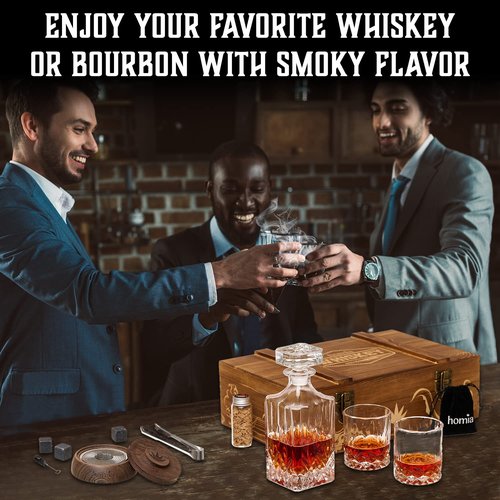 Whiskey Gift Set, 14 pcs - Whiskey Decanter + Wooden Smoker + Old Fashioned Glasses - 2 pcs, in Wooden Box with Wood Chips, Whiskey Stones 6 pcs Included - Gift for Men (Torch Not Included)