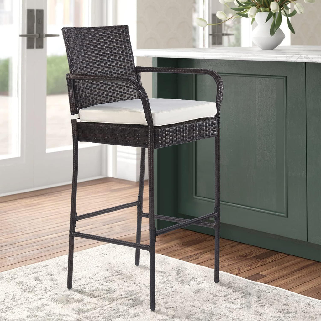 PayLessHere 30" Patio Bar Stools - Set of 2 All-Weather Wicker Chairs with Footrest & Khaki Cushions
