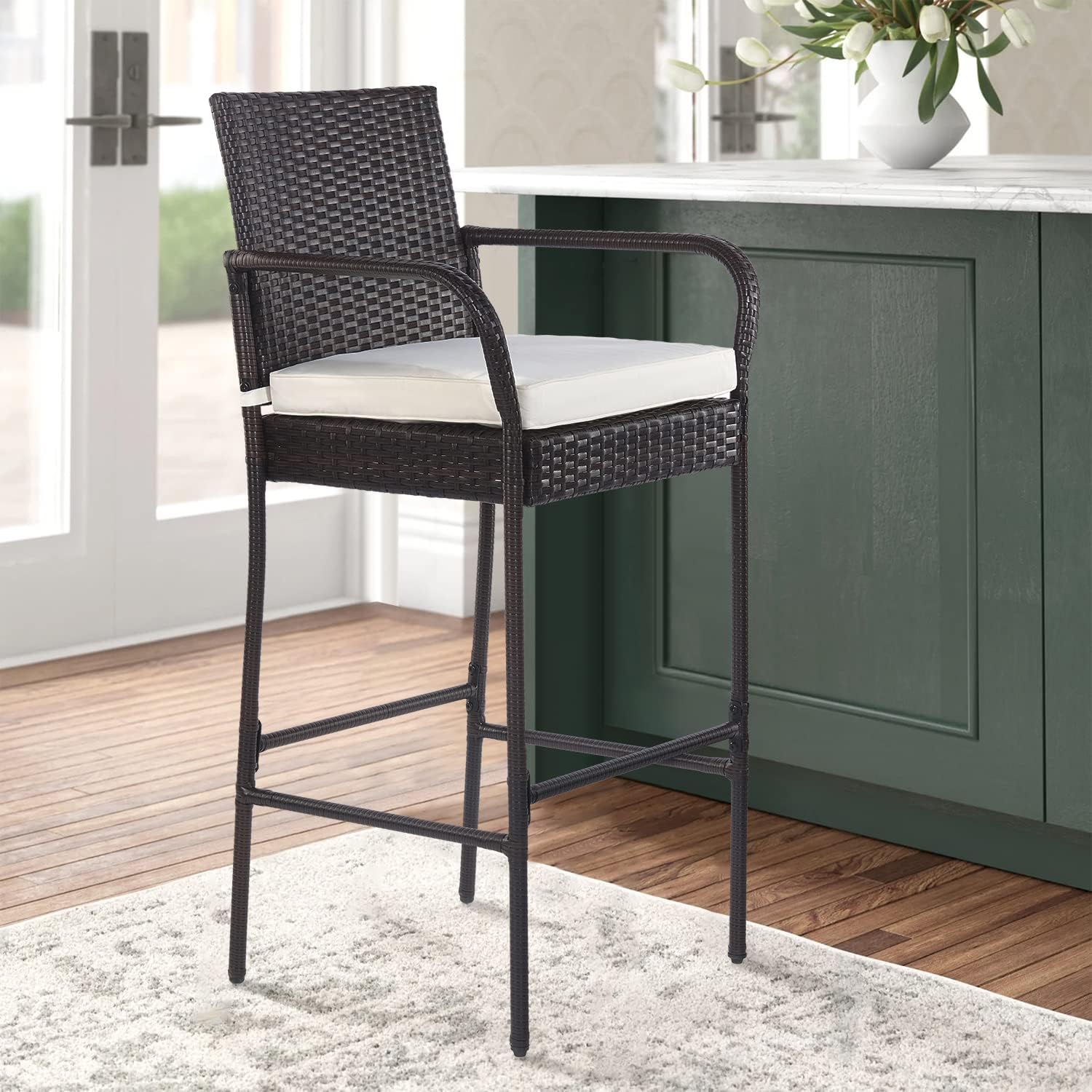 PayLessHere 30" Patio Bar Stools - Set of 2 All-Weather Wicker Chairs with Footrest & Khaki Cushions
