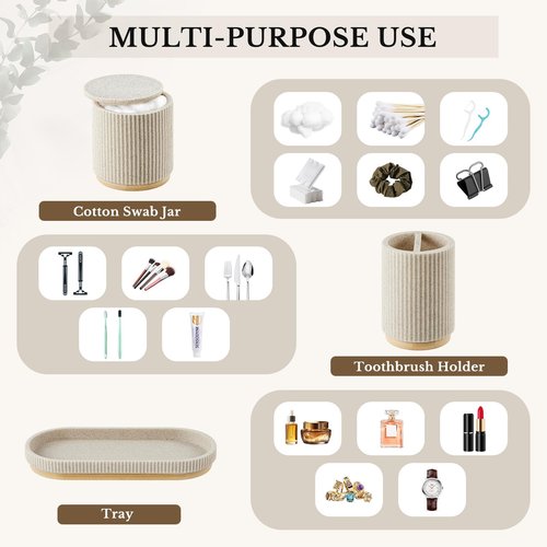 Z ZONAMA 7PCS Bathroom Accessories Set, with Soap Dispenser, Q-tip Holder, Toothbrush Holder, Tumbler, Soap Dish, Vanity Tray, Bathroom Set Complete Organizer Countertop for Modern Decor, Beige