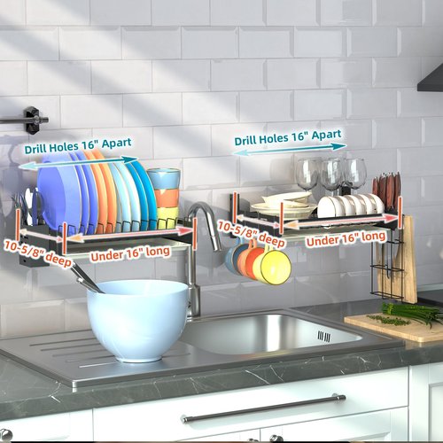 Besamery Hanging Wall Mounted Dish Drying Rack Set with Detachable & Removable Layer*2, Hook*4, Drain Tray*2, Apartment & RV Wall Mounted Dish Rack, Adhesive Mountable, Length: 15.9", Washable (Black)