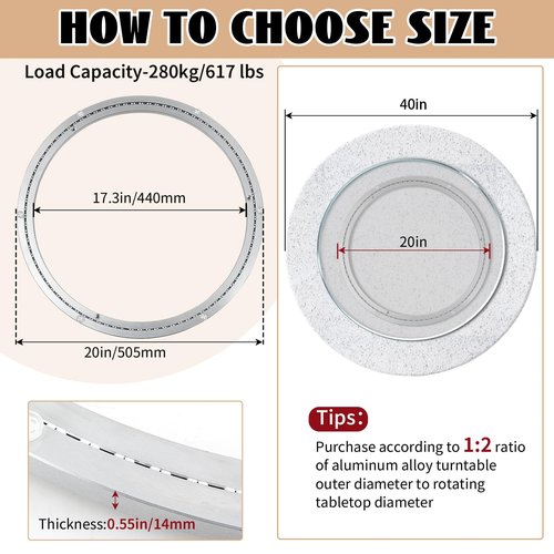 Lounsweer 20 Inch Lazy Susan Hardware Mute Aluminum Alloy Turntable Bearing Large Mute Heavy Duty Swivel Plate 620 Lbs Load Lazy Susan Base Kit Silent Rotating Ring for Dining Tabletop Corner Storage
