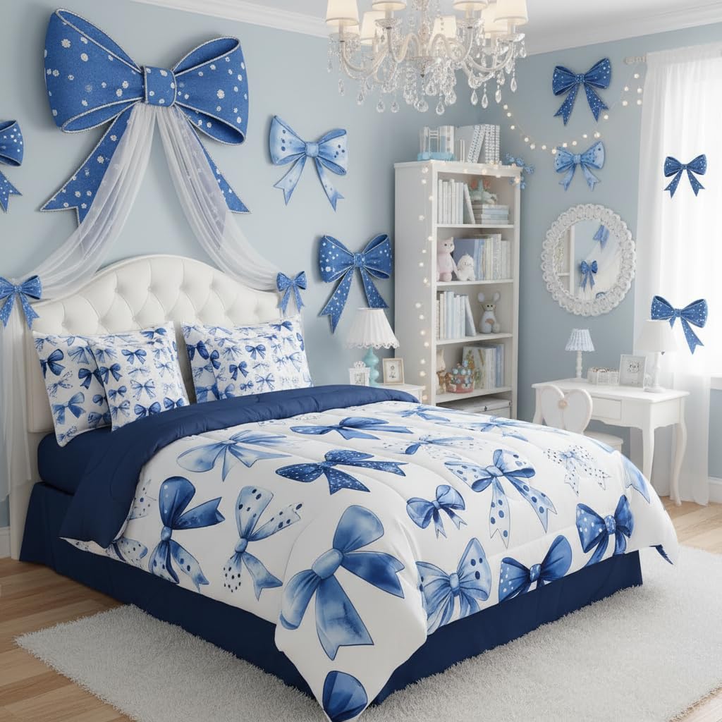 Erosebridal Kids Blue Bow Comforter Set with Sheets Twin Size Princess Bow Tie Girls Bed in A Bag Ultra Soft Butterfly Knot 7 Pieces Bed Set Bedroom Decor Fairy Tale Theme Girlish Room Decor