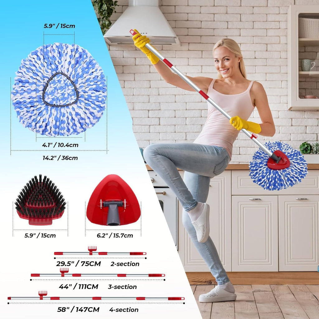 Fatmass Spin Mop Head and Brush Replacement Compatible with O Cedar EasyWring 1-Tank System, 4 Mop Replace Heads, 1 Handle, 1 Base and 1 Scrub Brush Combo Set
