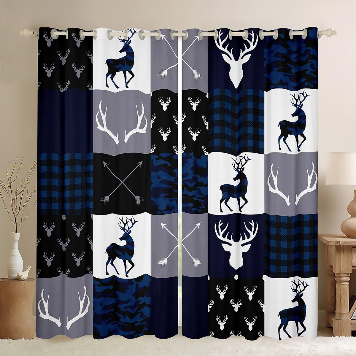 Camo Deer Antlers Blackout Curtains,Geometric Plaid Patchwork Window Drapes for Kids Teens Girls Boys,Boho Arrow Xmas Blue Grey Window Treatments Grommet Top 2 Panel Set Bedroom Curtains,42Wx63L inch