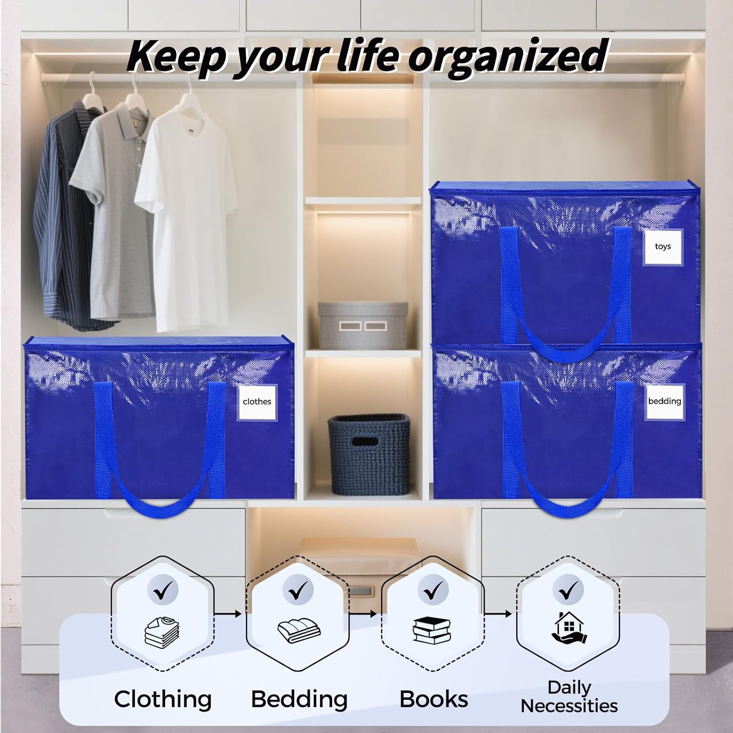 Skiennix Extra Large Heavy-Duty Moving Bags - 8 Pack Blue Storage Totes with Reinforced Handles & Zippers