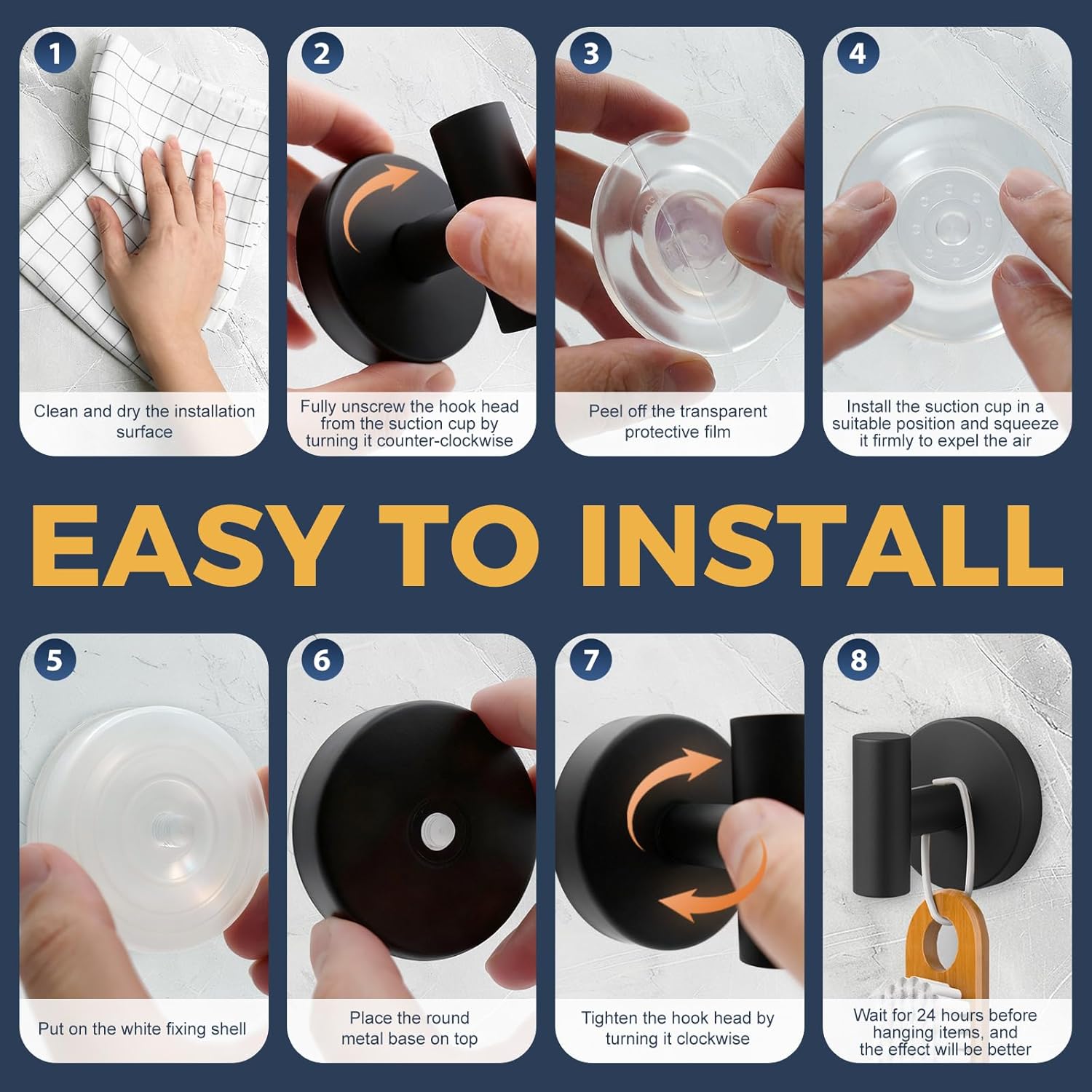 Skiennix Heavy Duty Suction Cup Hooks - Removable Shower Hooks for Glass, Tile & Mirror - 4 Pack (Black)