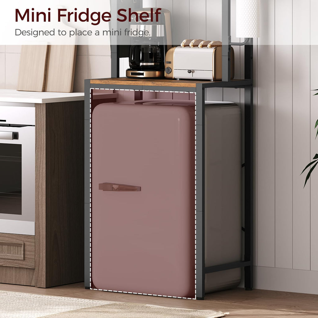 MAHANCRIS Bakers Rack with Mini Fridge Shelf, 3-Tier Microwave Stand, Coffee Bar Station with Paper Holder, Freestanding Kitchen Storage Rack, for Kitchen, Rustic Brown and Black BRHR5401