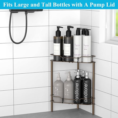 HuggieGems 2-Tier Corner Shower Caddy Organizer - Stylish Bathroom Shelf Rack with Hooks, Bronze Finish