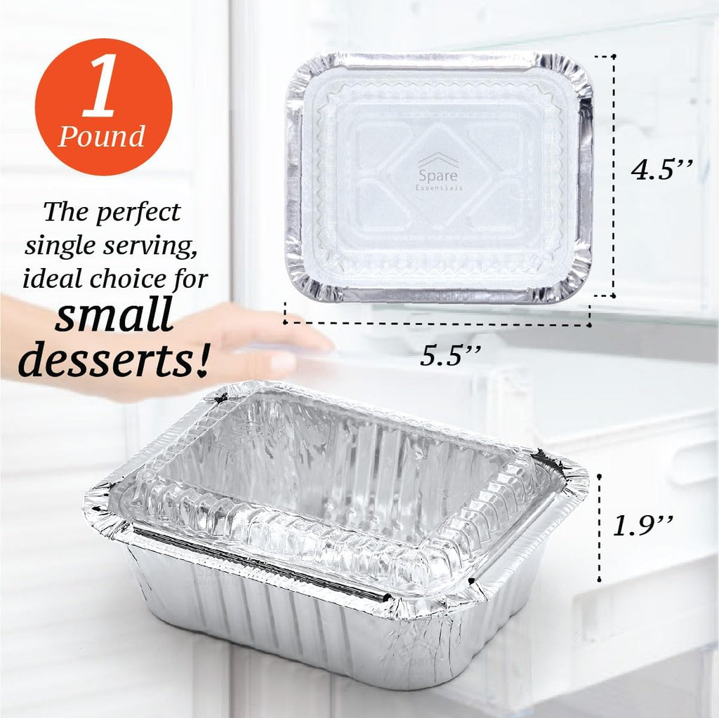 Spare Essentials | 1 Lb Aluminum Foil Pans with Lids - 55 Pack Mini Takeout Containers for Catering & Freezer - 5.5x4.5x1.9