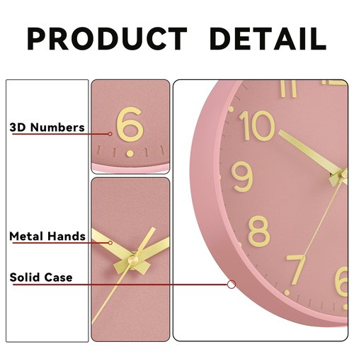 Roymnie Silent Wall Clocks Battery Operated 8 Inch-Modern Non Ticking Analog Clock Decorative for Kitchen Office Bathroom Bedroom(Pink Gold)