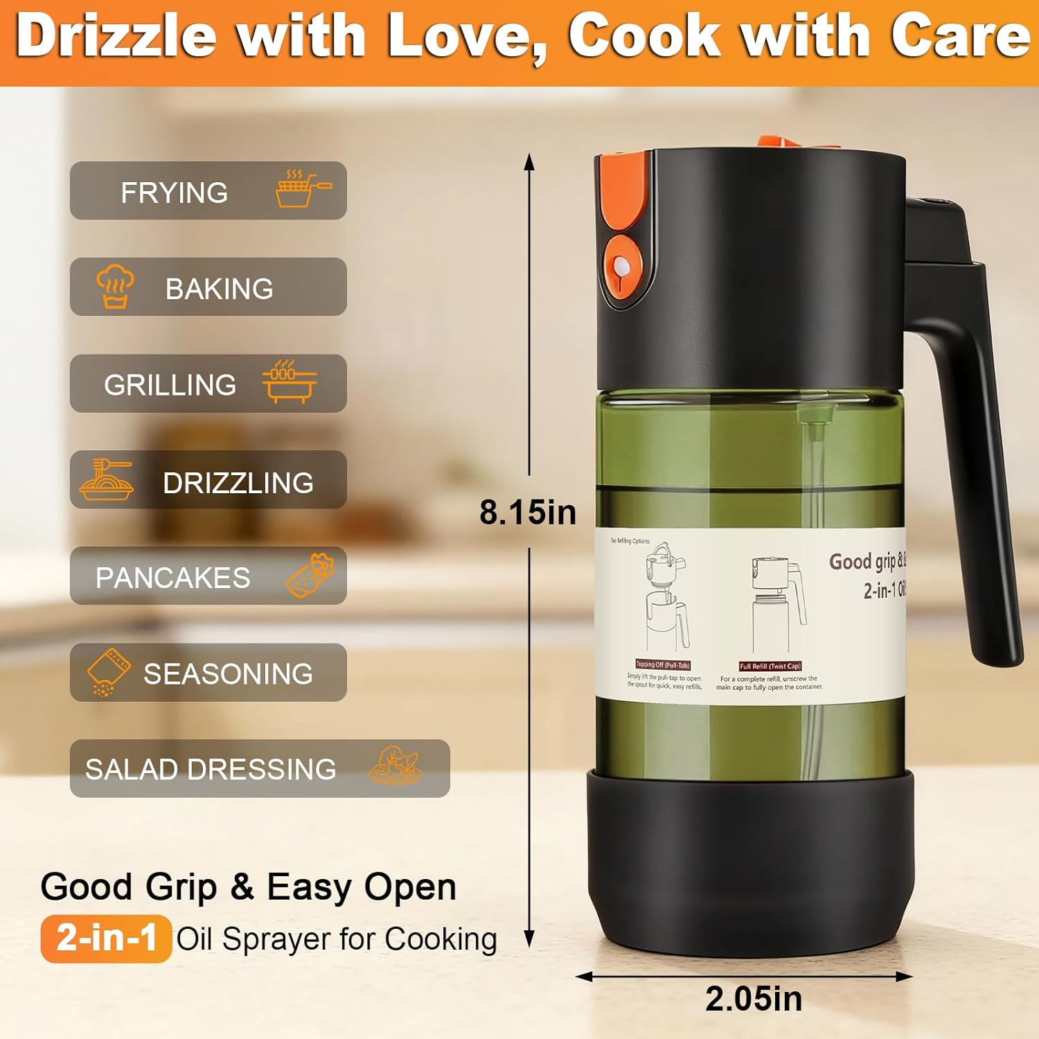 Skiennix 2-IN-1 Oil Sprayer - Light-Blocking Dark Glass Olive Oil Dispenser | 500ml/16.9oz for Cooking & BBQ