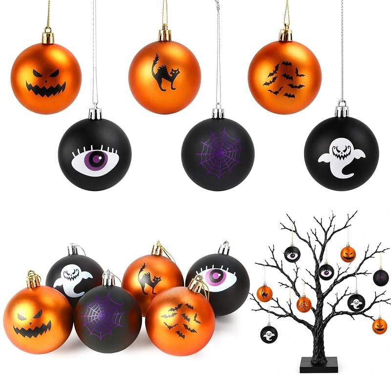 Hanging Halloween Ornaments 12-Piece Black & Orange Ball Decorations with String — 6 Designs