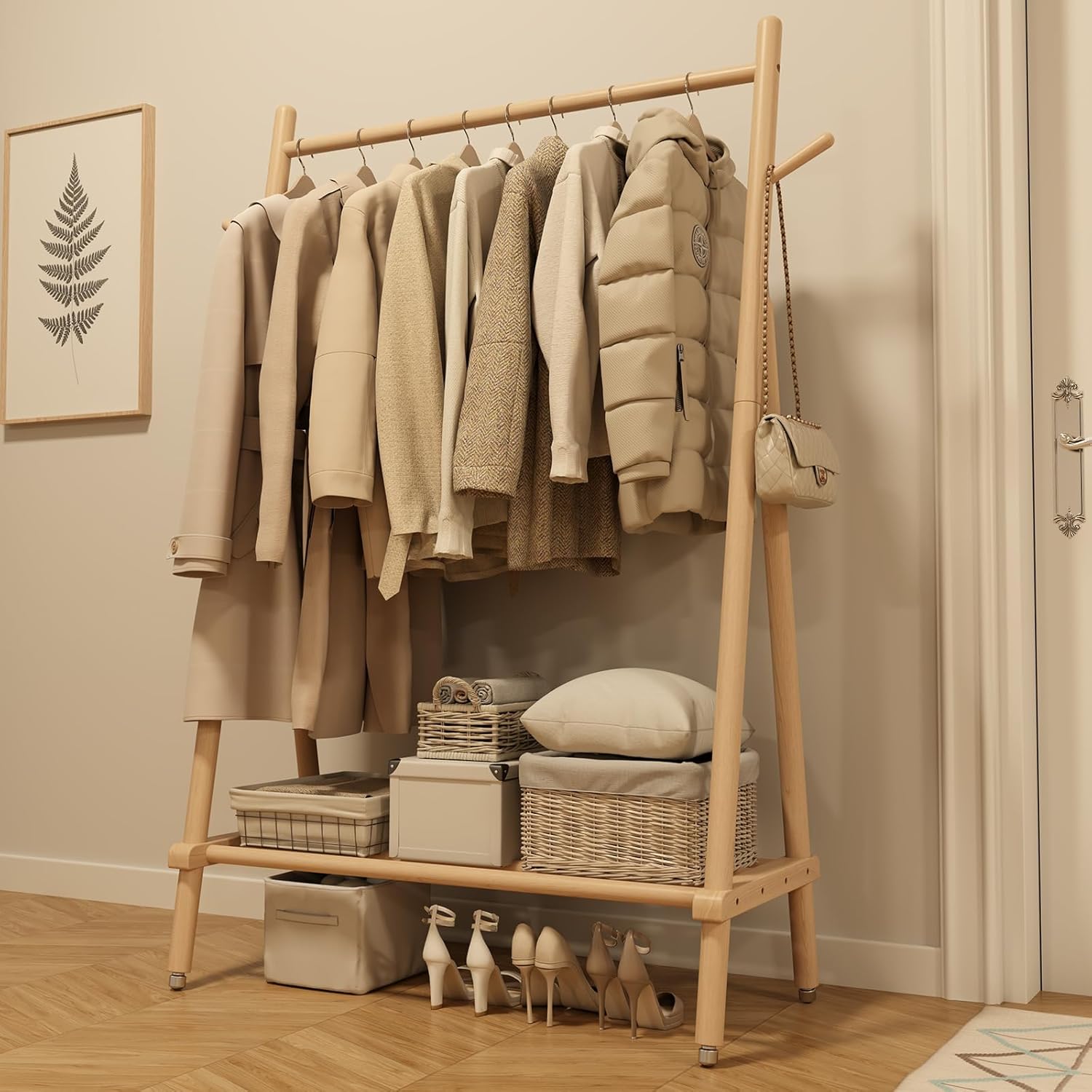 Muwuele Solid Wood Clothing Rack - Portable Rolling Garment Rack with Shelves | 350 Lbs Capacity, Natural Finish