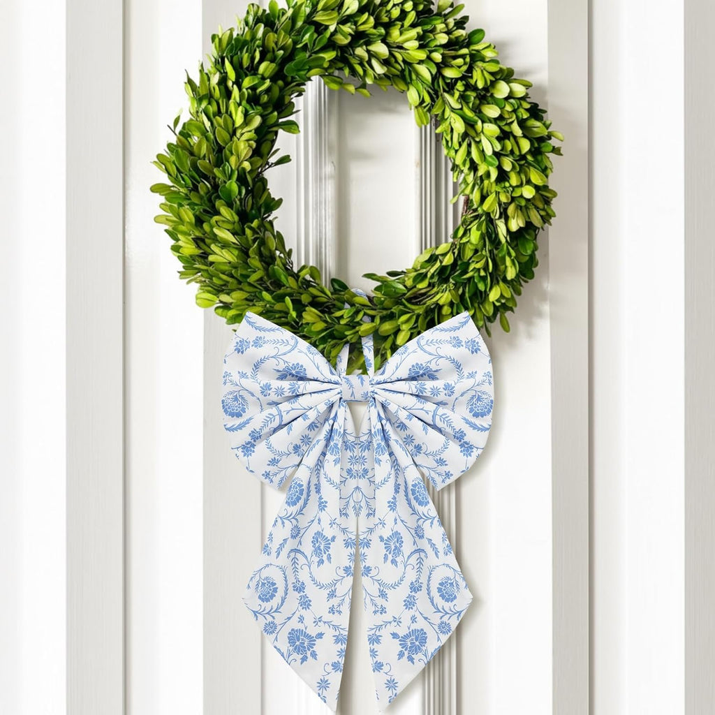 Suncalla Chinoiserie Wreath - Cute Flower Bow Front Door Hanger for Spring Decor | Blue Toile Design