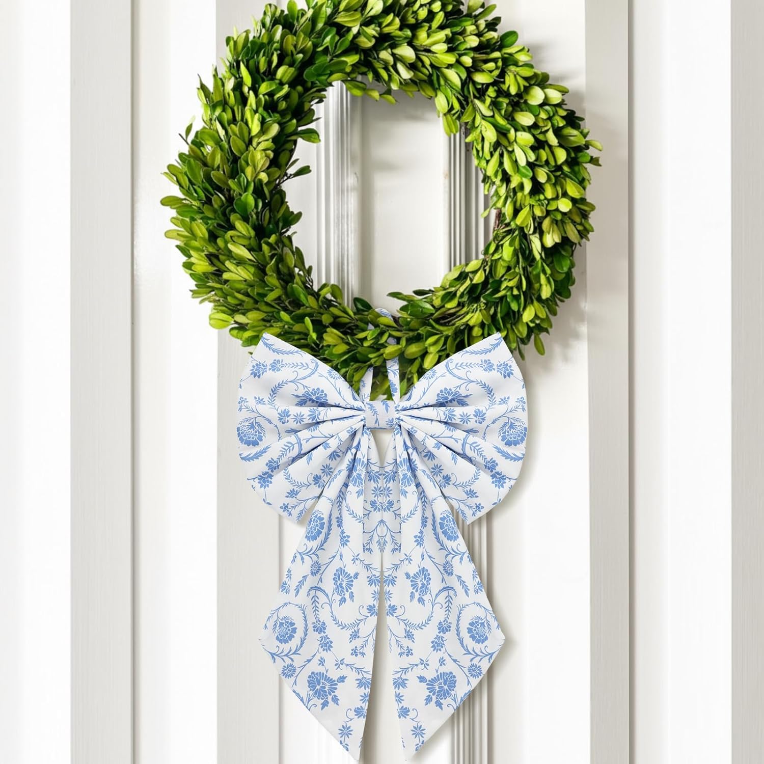 Suncalla Chinoiserie Wreath - Cute Flower Bow Front Door Hanger for Spring Decor | Blue Toile Design