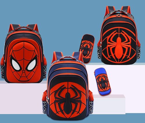 Telifor Cartoon Spider Schoolbag with Pencil Case - 3D, Waterproof, Large-Capacity for Primary School Boys (15in)