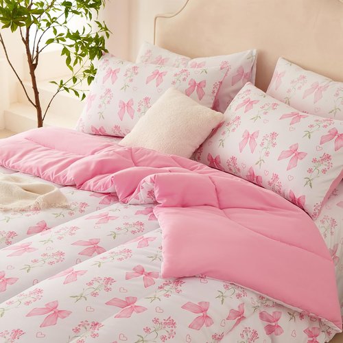 CCoutueChen Pink Bow Comforter Set Queen 3Pcs Pink Floral Bedding Set for Girls Kids Romantic Princess Style Bowknot Bedding Ultra Soft Reversible Garden Flower Comforter Sets with 2 Pillowcases