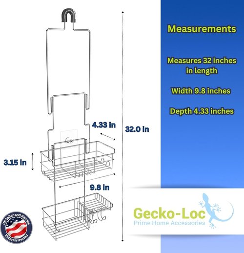 Gecko-Loc Extra-Long Adjustable Shower Caddy - Rustproof Stainless Steel Organizer with Suction Stabilizer & Hooks | No-Drill Installation (Silver)