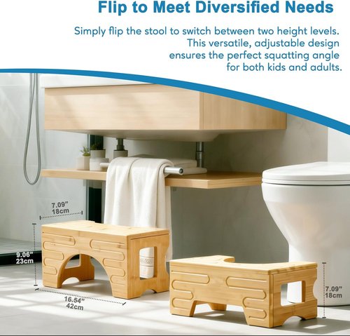 Bamboo Foldable Toilet Stool - Adjustable 7" & 9" Heights, Non-Slip Design for Kids & Adults | Compact & Space-Saving (Natural Color)