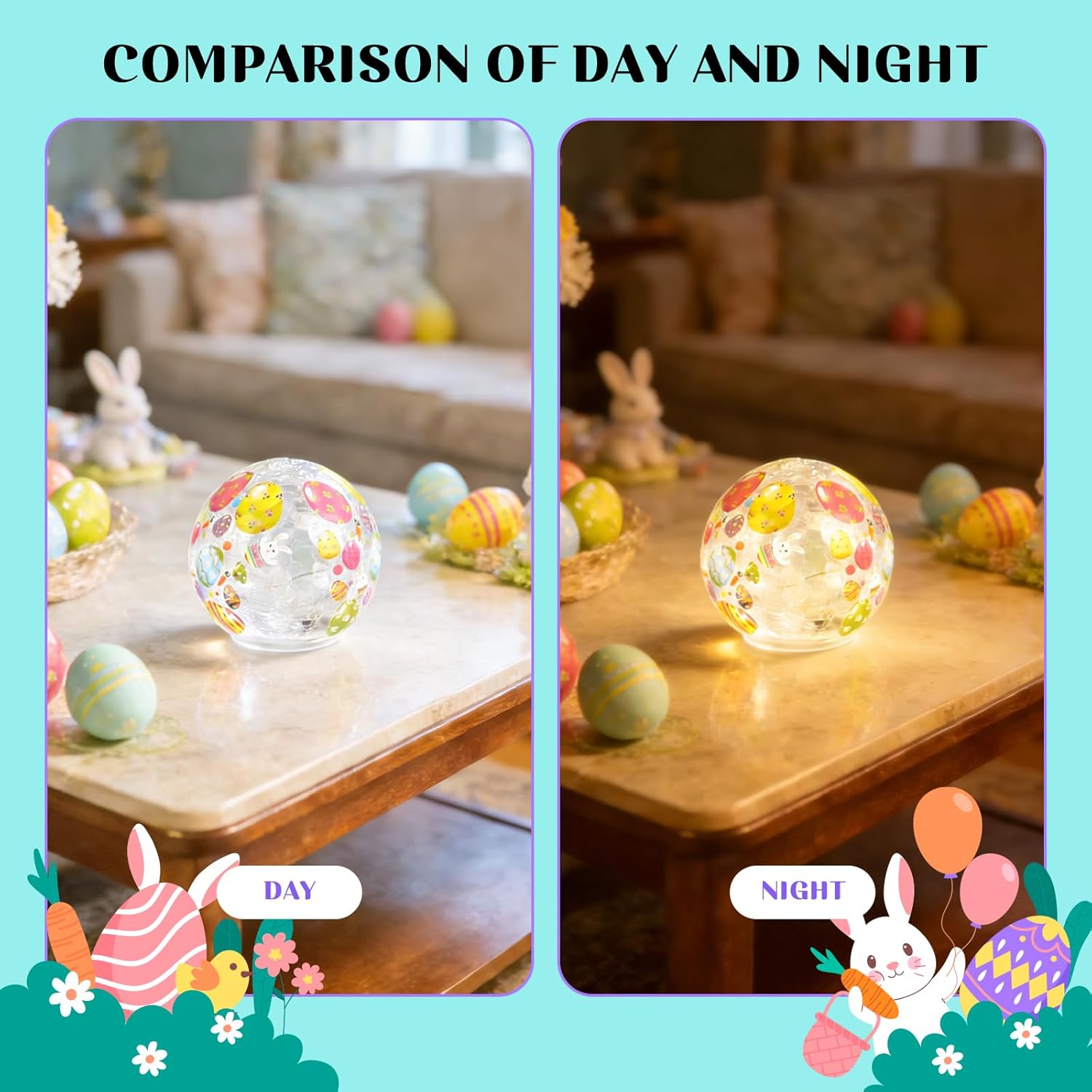 Skiennix Easter Glass Ball Lights - 3.93'' LED Bunny & Egg Decorative Table Lamps | Battery Operated Holiday Decor
