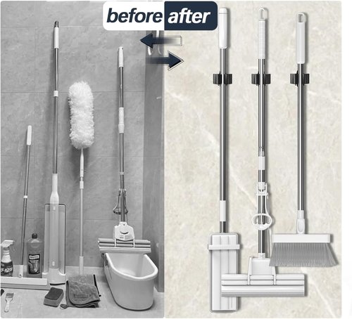 3-H Stainless Steel Broom Holder - Heavy Duty Wall Mount Mop Organizer for Kitchen, Garage & Bathroom (6 Pack)