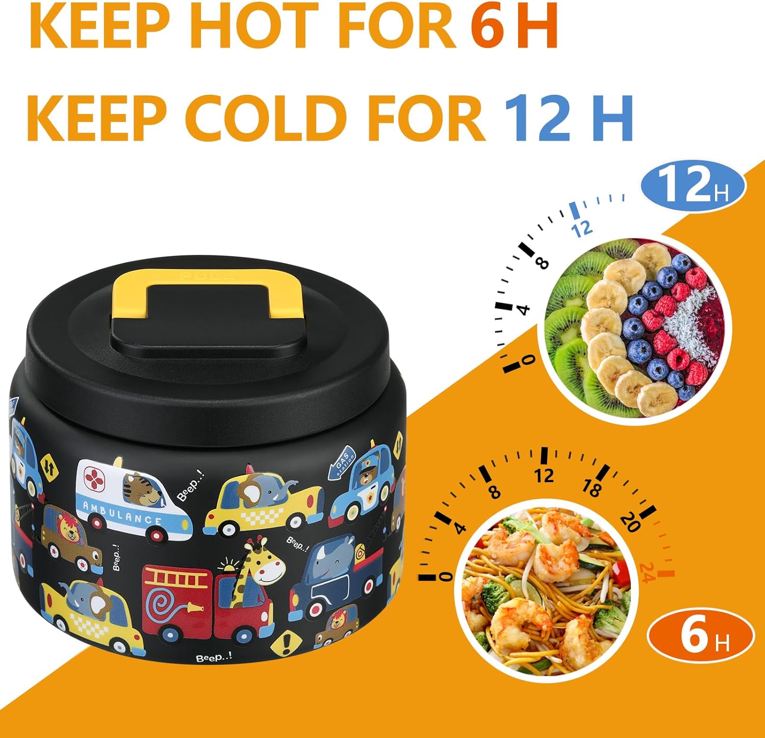 PIQUEBAR Kids Thermos - 8oz Stainless Steel Food Container with Easy Open Wide Mouth | Black Animal Truck