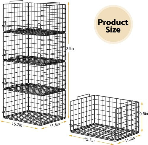 4-Tier Stackable Closet Organizers by [Brand Name] - Sturdy Metal Storage Bins for Space-Saving Wardrobe, Black
