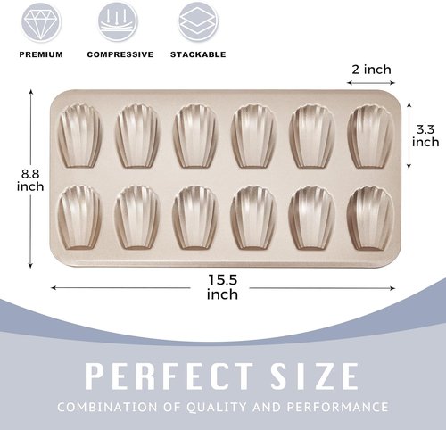 HONGBAKE Nonstick Madeleine Pan - 2 Pack 12-Cavity Heavy Duty Baking Trays | Champagne Gold Finish