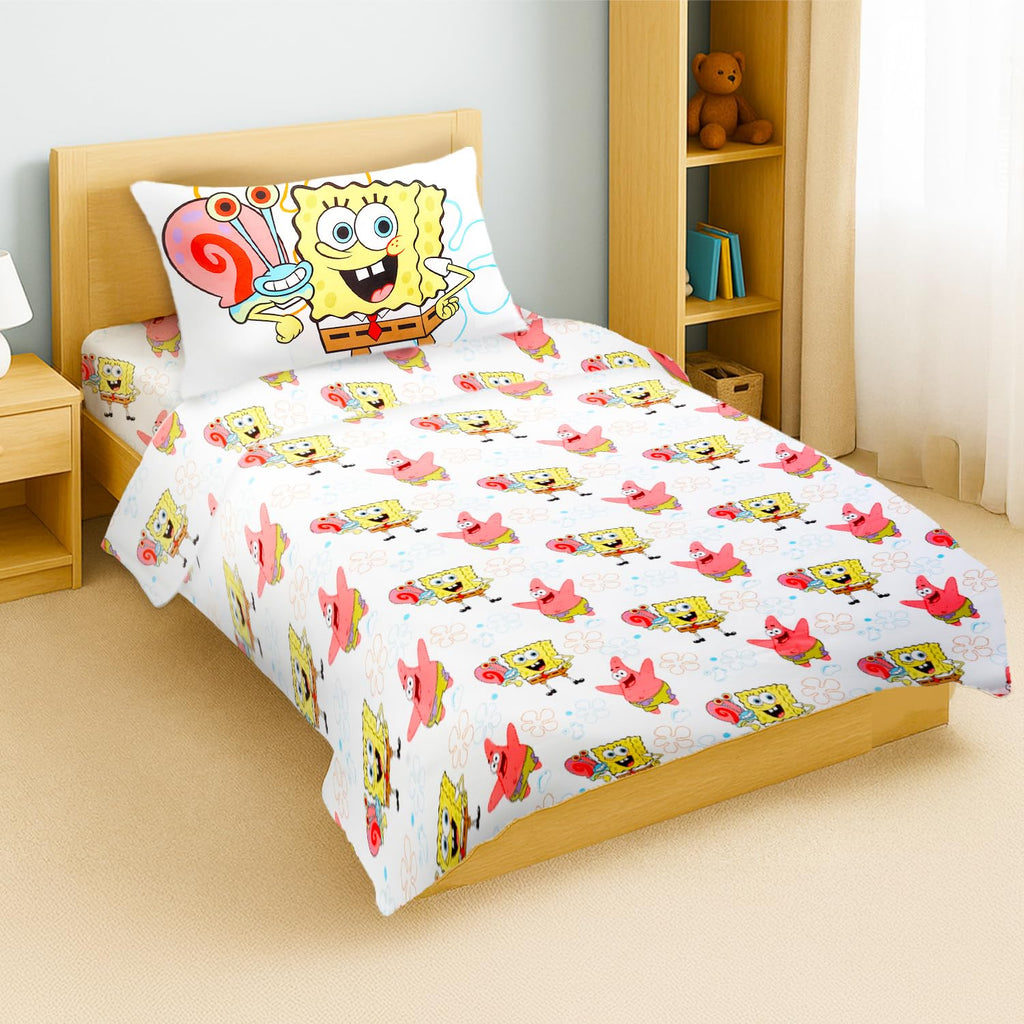 Spongebob Sheet Set Underwater Vibes - Bundle of Spongebob Bedding Including: Flat Sheet, Fitted Sheet, and Pillowcase for Twin Bed Plus Stickers, More for Kids