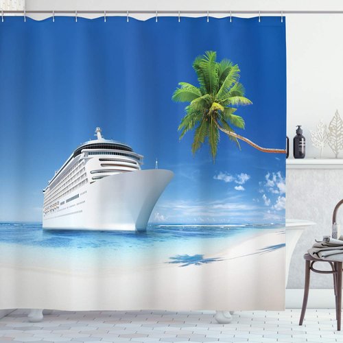 Ambesonne Travel Shower Curtain, Palm Trees by The Coastline on a Sandy Beach and Ship Nature Sunny Day Exotic Journey Seascape, Cloth Fabric Bathroom Set with Hooks, 69" W x 70" L, Blue Green White