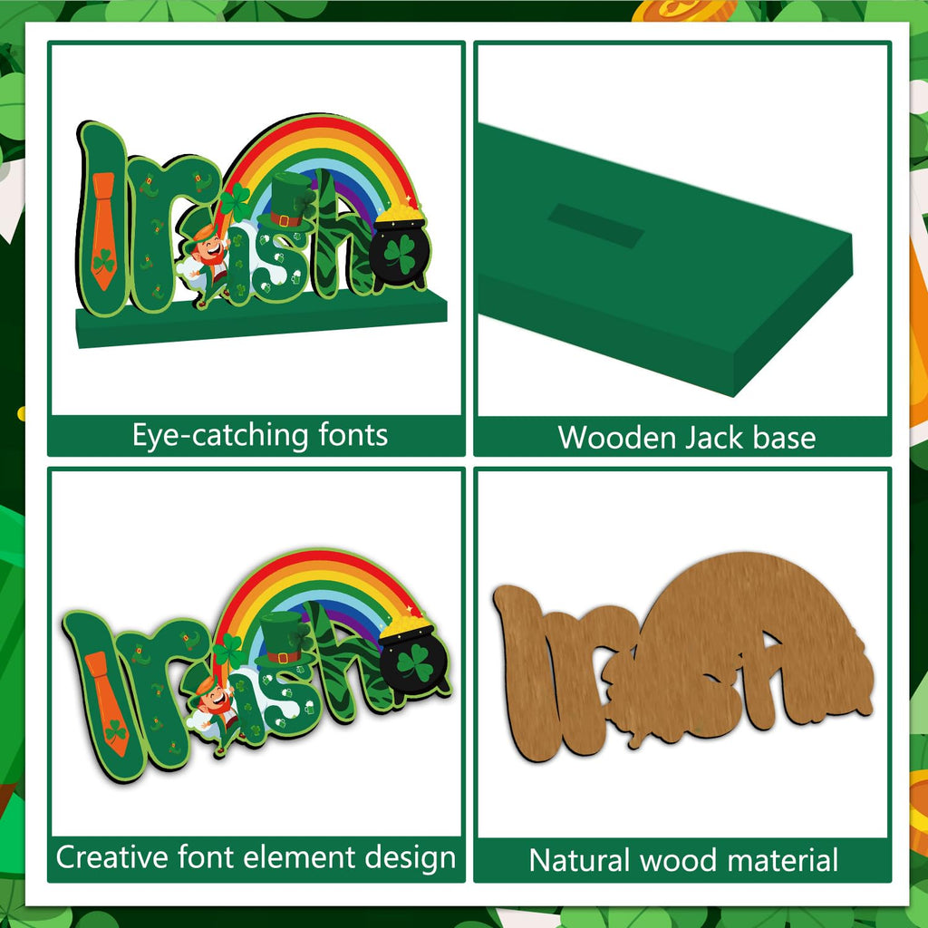 4pcs St Patricks Day Decorations Wooden Table Signs,Happy Saint Patricks Day Table Decorations Green Irish Lucky Shamrock, Leprechaun St. Patricks Day Decorations for Holiday Party