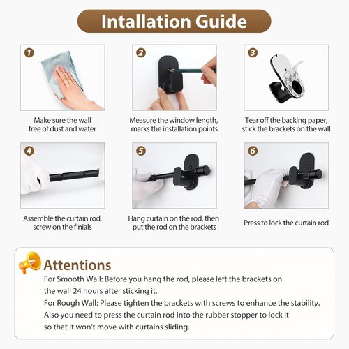 HOTOZON No-Drill Curtain Rods | Adjustable 32-86 Inches | Renter-Friendly Black Drapery Rods
