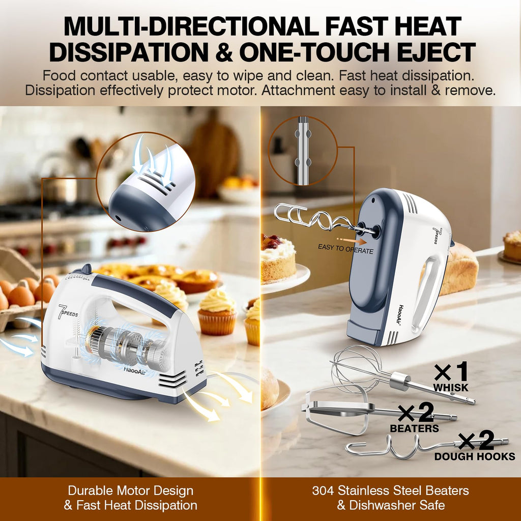 HaooAir Electric Handheld Mixer, 7-Speed Adjustable Kitchen Mixer, 5 Stainless Steel Accessories (2 * Dough Hooks, 2 * Beaters, 1 * Whisk), Perfect for Kitchen and Baking Food Mixers, White