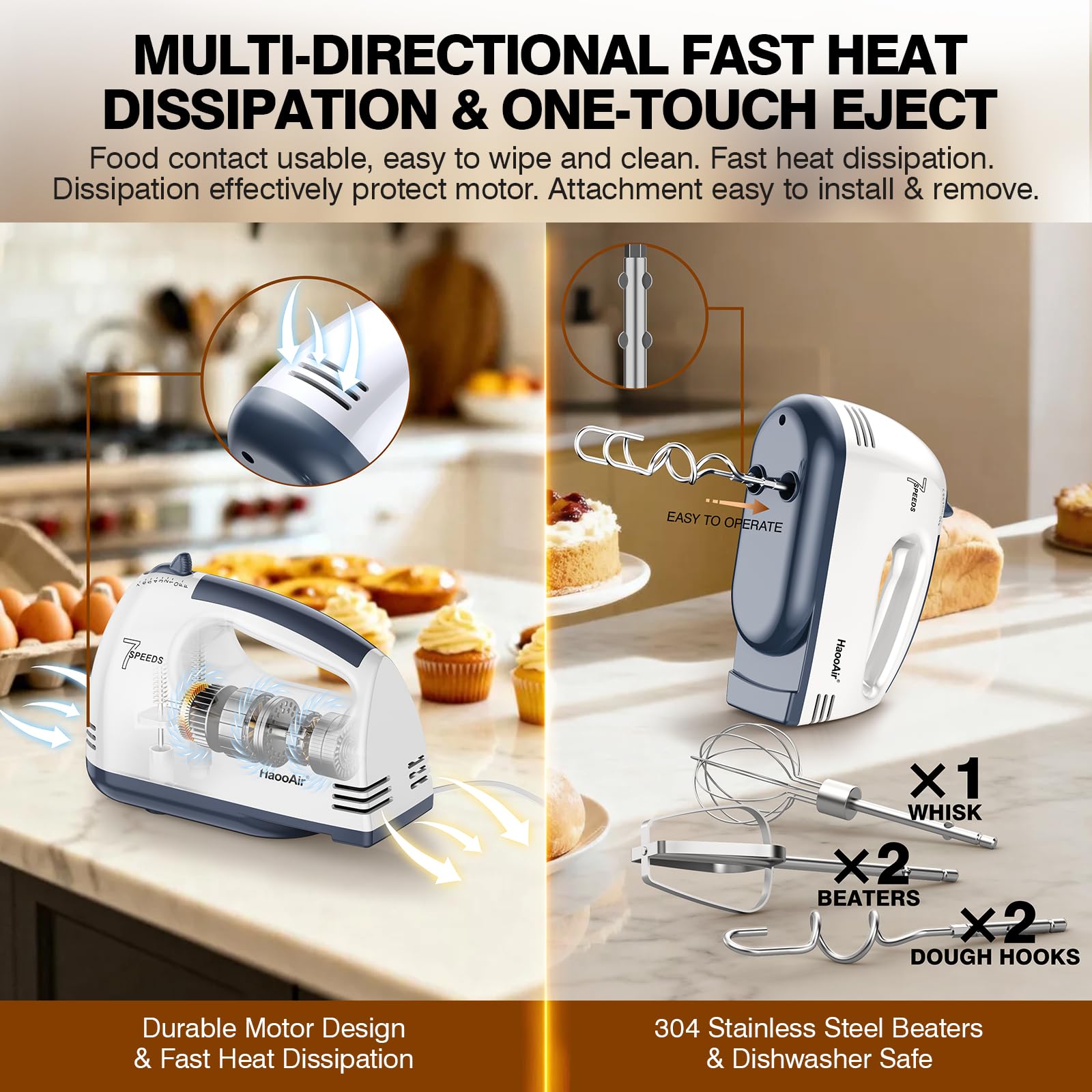 HaooAir Electric Handheld Mixer, 7-Speed Adjustable Kitchen Mixer, 5 Stainless Steel Accessories (2 * Dough Hooks, 2 * Beaters, 1 * Whisk), Perfect for Kitchen and Baking Food Mixers, White