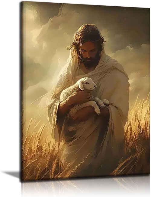 Jesus Holding Lamb Framed Canvas Wall Art - Christian Good Shepherd Painting for Living Room | 12x16 Inch