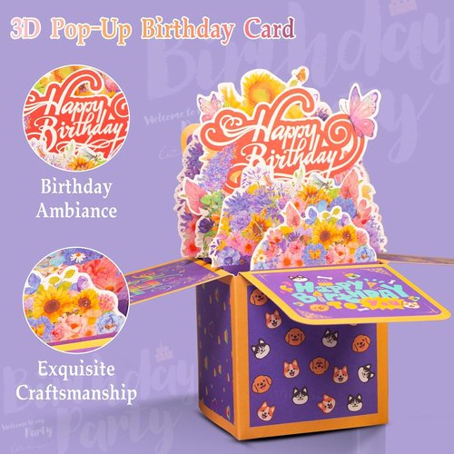 3D Birthday Cards - Thickened Square Gift Box with Blank Card & Envelope | 100% Biodegradable, Vibrant Colors