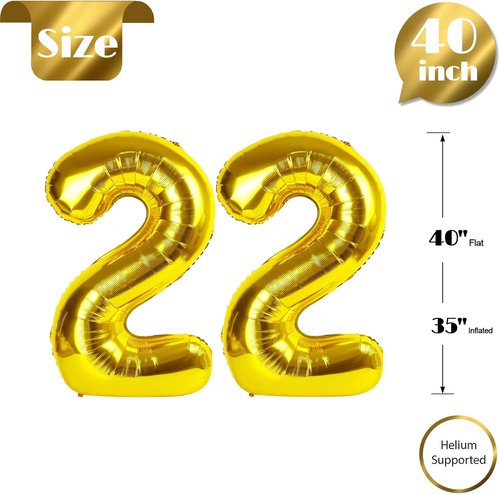 Gold Number 22 Balloon - 40 Inch 22nd Birthday Decoration | Elegant Gold Party Supplies