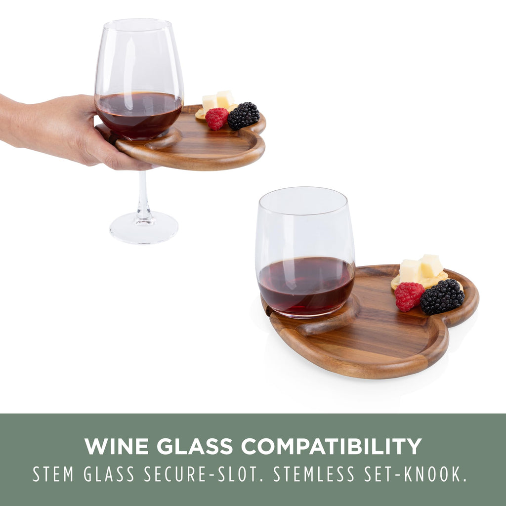 PICNIC TIME Heart Wine Appetizer Plates, Set of 4 Wooden Cocktail Plates with Glass Holder, Mini Charcuterie Boards for Wine and Cheese Parties, Acacia Cheese Board Serving Trays (Acacia Wood)