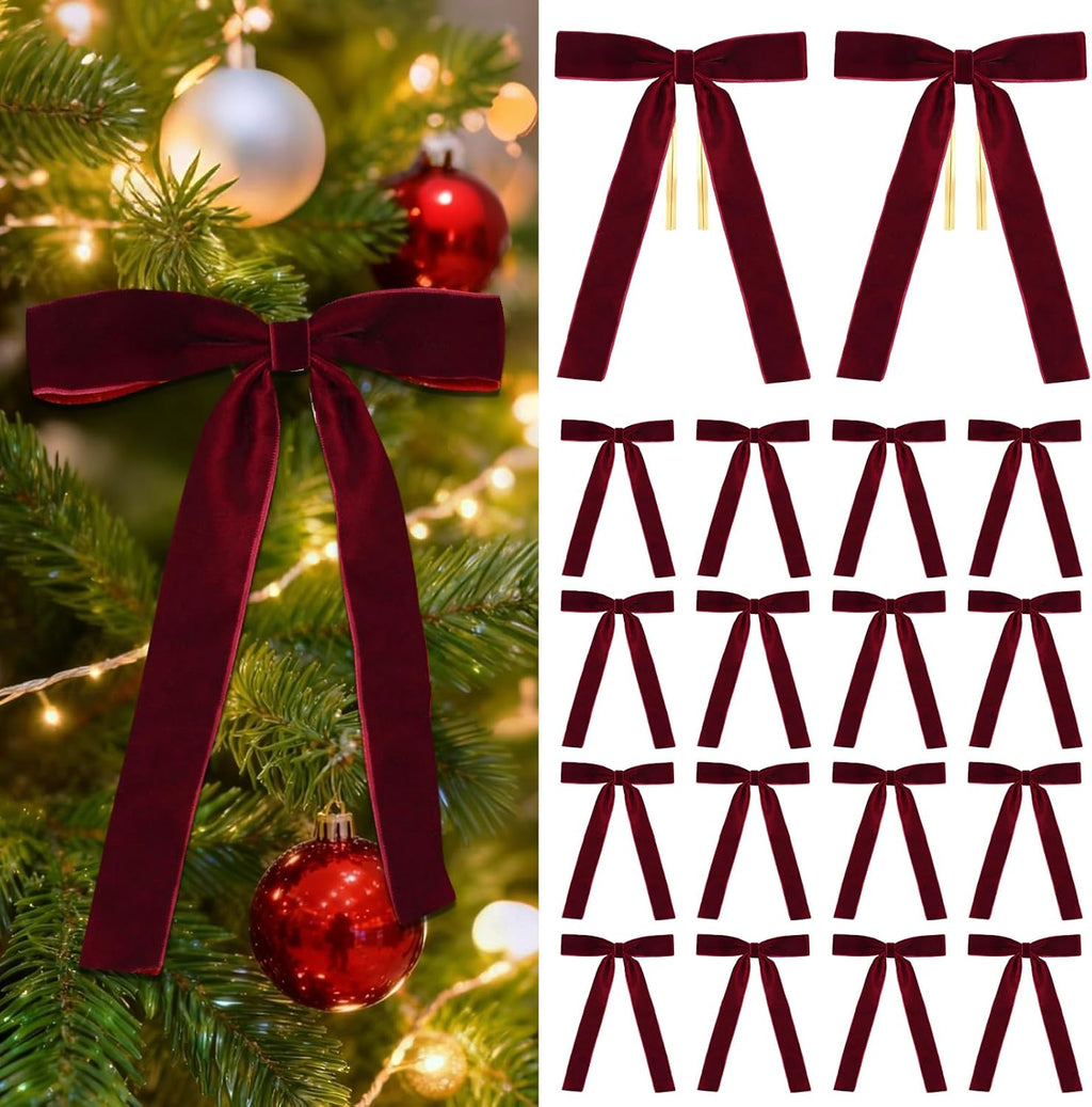Regine Switzerland Burgundy Velvet Christmas Tree Bows - 18 Pcs Holiday Decorations (5x7", 1" Wide)