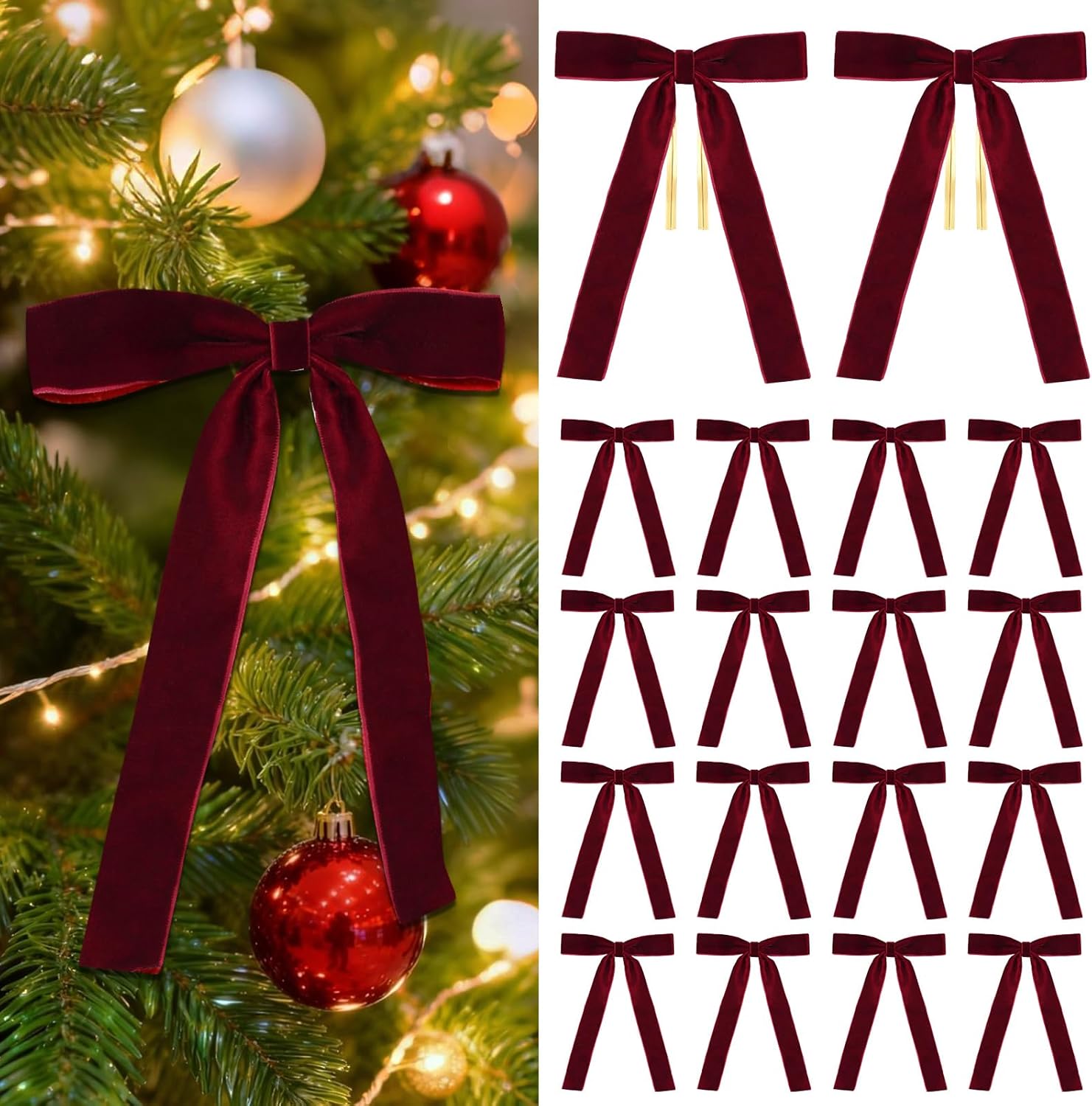 Regine Switzerland Burgundy Velvet Christmas Tree Bows - 18 Pcs Holiday Decorations (5x7", 1" Wide)