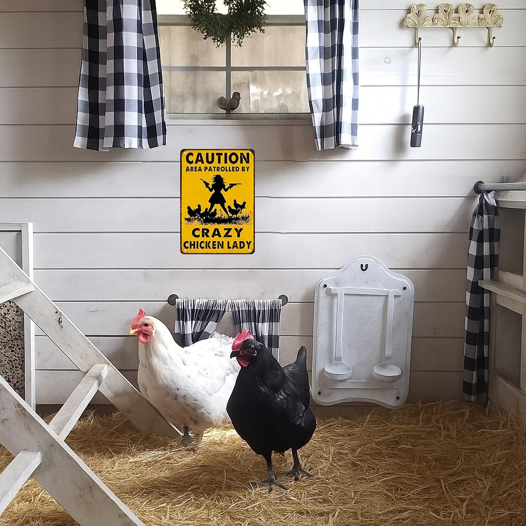 Smilelife Funny Chicken Gifts Caution Area Patrolled By A Crazy Chicken Lady Tin Sign for Home Farm Chicken Coop Farmhouse Kicthen Garden Decor 8 X 12 Inch (3620)