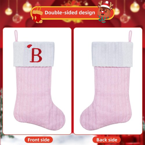 Shgngle Pink Knit Christmas Stockings Personalized, 19.5 Inches Embroidered Letter Christmas Stocking for Holiday Decorations and Xmas Gift(Initial A)