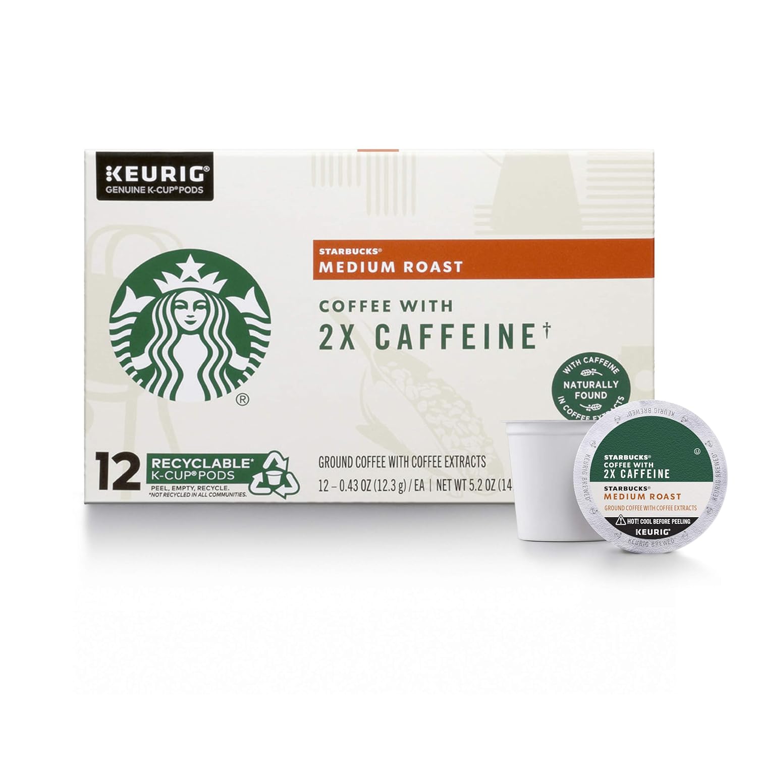 Starbucks Medium Roast K-Cup Coffee Pods - 2X Caffeine for Keurig Brewers | 48 Pods Total