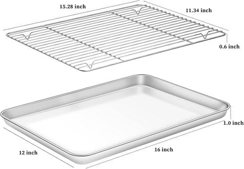 Deedro Baking Sheet Set - Stainless Steel Cookie Sheets with Cooling Racks | 2 Sheets + 2 Racks, 16 x 12 Inch