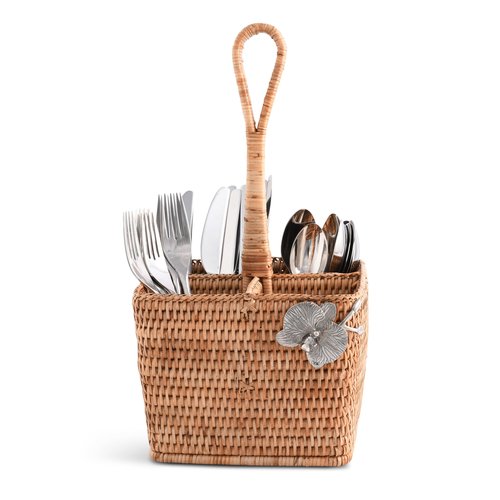Vagabond House Utensil Caddy - Elegant Rattan Cutlery Holder for Party, Designer Utensil Holder with 4 Compartments, Functional Wicker with Pewter Orchid Flower, Ideal for Tropical Home 12 Inches
