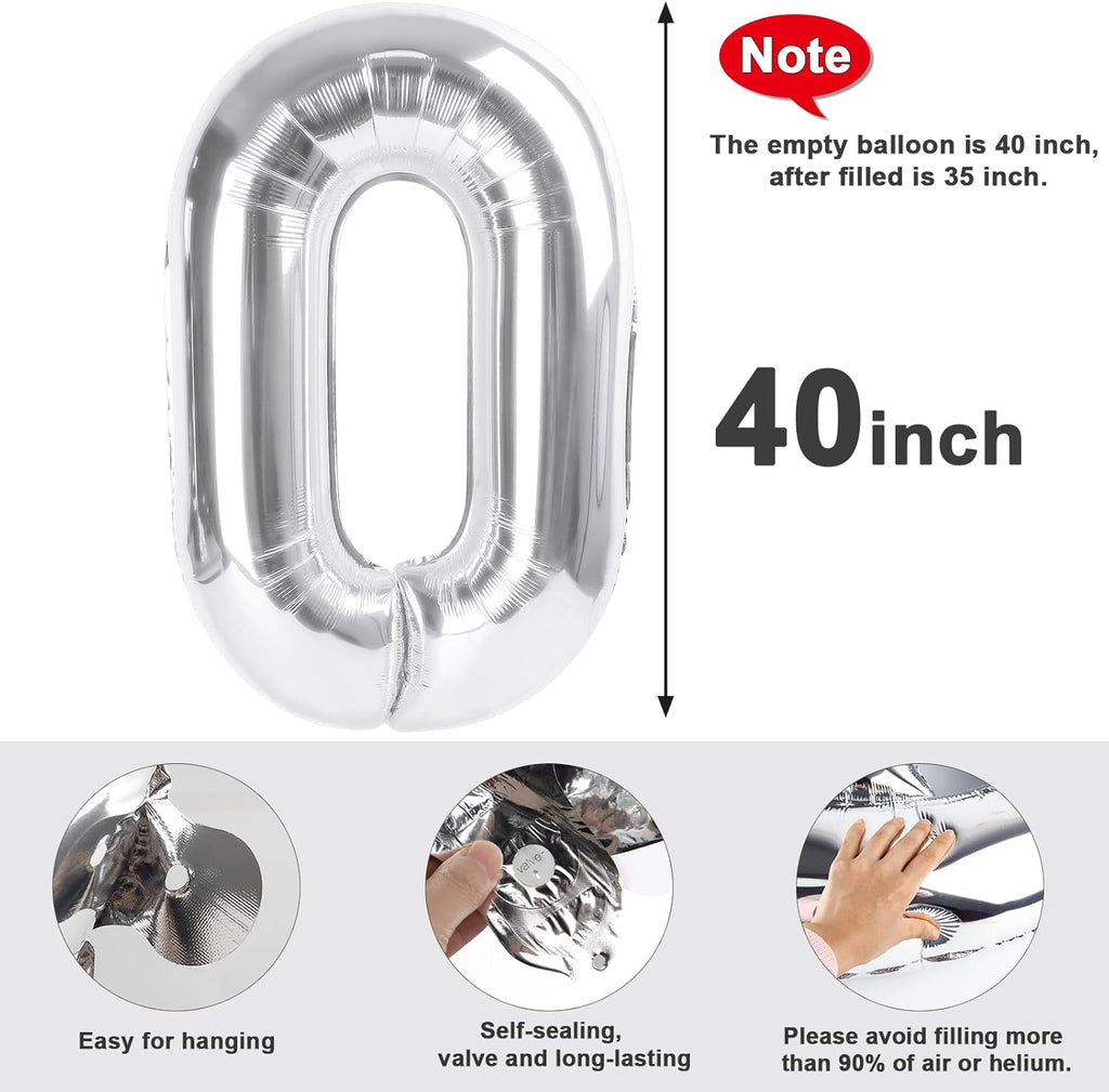 Number 0 Balloons - 40 Inch Silver Number Balloons for Birthday, Wedding, Baby Shower Decor
